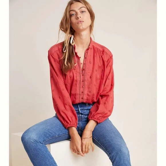 Maeve by Anthropology Coral Embroidered Voile Augusta Peasant Blouse Top Large - Picture 2 of 14